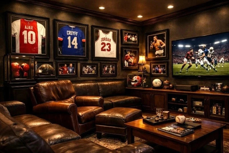 Mancave met ingelijste sport memorabilia en gesigneerde shirts